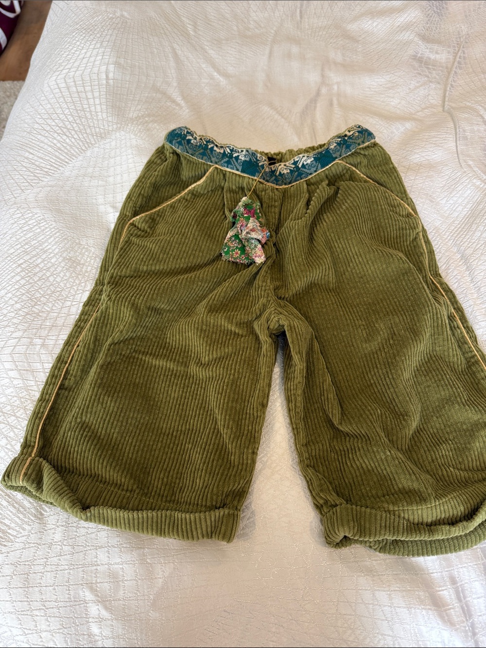 Kids Olive Corduroy Shorts with Decorative Waistband